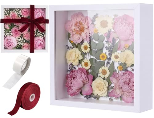 BrightRow 12x12 Wedding Shadow Box Frame Flower Display Case Kit, DIY White Picture Gift Box with Lid Deep Glass Case Red Velvet Ribbon for Gift Wrapping Craft Bouquet Flower Keepsake Memory Photo