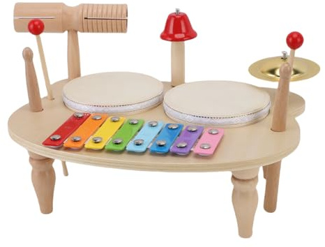 POENVFPO Hölzerne Percussion-Lernset, Kindertrommel-Set mit Mallet und Xylophon, Composite Wood Musical Instrument für Kindertagesstätten Im Alter von 2,3,4,5, Multi-Instrument-Kombination