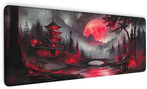 Gaming Mauspad XXL Mousepad Red Moon Japan Büro | Format 800 x 300 mm 4 mm Oberfläche rutschfest mit vernähten Kanten für Gaming Büro Schreibtisch für Gaming Büro PC