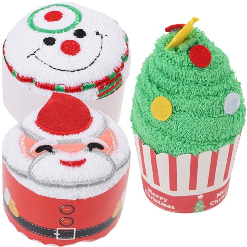 Toyvian Weihnachtskuchen HandtüCher 3-Teiliges Set Aus Weichen BaumwolltüChern Cupcake-FöRmige HandtüCher FüR KüChe Und Bad Festliche Weihnachtsdekoration Und Geschenkidee