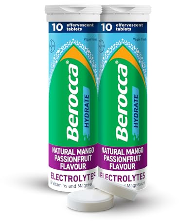 Berocca Hydrate Effervescent Tablets, Mango Passionfruit, 20 Tablets | Berocca Hydrate Electrolyte Tablets, Enhanced Hydration And Energy Support, Vegan, Gluten Free, Caffeine Free