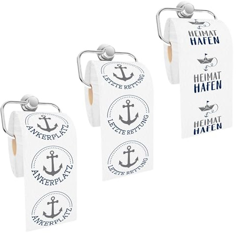 MIJOMA Toilettenpapier Ahoi 3er Set – 2-lagiges WC-Papier mit maritimen Motiven für Bad, Gäste-WC, Boot, Camping und Geschenkideen