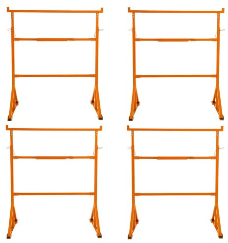4 Supports Tréteaux de Maçon Chantier en Acier Portable Table Établi de Travail Hauteur Réglable 105,5 à 185,5 cm Pieds Antidérapants Capacité de Poids 200 kg [Crochets & Plateau Porte-Outils INCLUS]