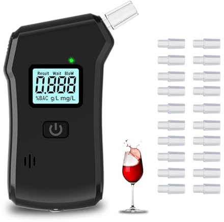Alkoholtester, Promillemessgerät, Polizeigenau Alkoholmessgeräte mit 20 Mundstücken Blauer LCD-Anzeige Alkohol Tester für Den Einsatz zu Hause Oder Auf Partys