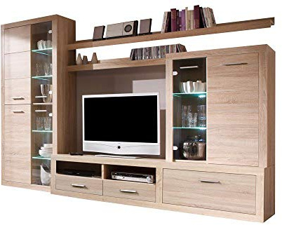 AVANTI TRENDSTORE - Cougar - Parete da soggiorno in laminato di quercia Sonoma, illuminazione LED compresa, dimensioni: LAP 285x195x40 cm