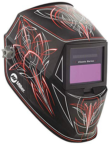 MILLER Welding Helmet, Auto-Darkening, Nylon, Ratchet Headgear, Black/Red/White Graphics
