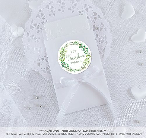 SET KLEIN: 24 Freudentränen Sticker + 24 weiße Flachbeutel - 63 x 93 mm für Freudentränen Taschentuch Verpackungen • Aufkleber in GRÜN WEIß mit Zweigen • 4cm, matt