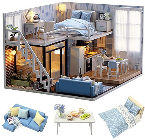 Cuteroom - Kit de maison en bois de poupée à faire soi-même - Modèle bleu et lampe LED