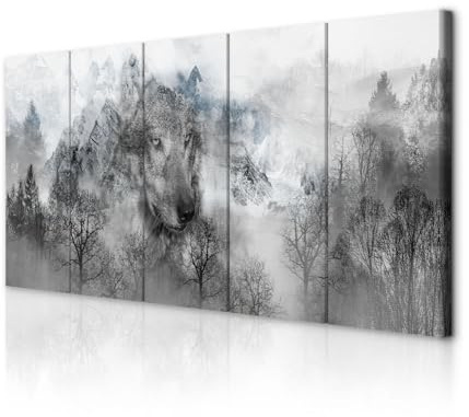 decomonkey Bilder Wolf Wald Berge 200x80 cm 5 Teilig Leinwandbilder Tiere | Bild auf Leinwand, Wandbild, Kunstdruck, Wanddeko, Wohnzimmer, Wanddekoration, Landschaft