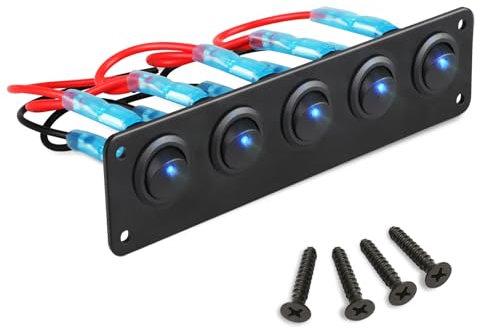 Linkstyle 5 Gang Wippschalter Panel 12V, Wasserdicht 20A Ein-Aus Kippschalter SPST 3 Pin mit LED Licht für Auto Wohnmobil Marine LKW Boot Camper