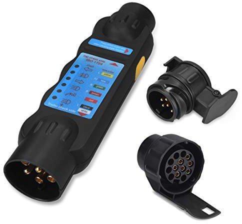Navaris 7 Pin Anhänger Tester Prüfgerät - mit 13 zu 7 Pol und 7 zu 13 Pol Adapter - Anhängersteckdose Testgerät - Anhänger Beleuchtungstester
