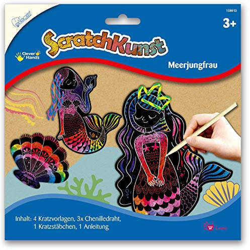 Mammut 158013 - Kratzbilder ScratchKunst Motiv Meerjungfrau, Komplettset mit 4 Kratzvorlagen, Chenilledraht, Kratzstäbchen und Anleitung, Scraper, Kratzset für Kinder ab 3 Jahre