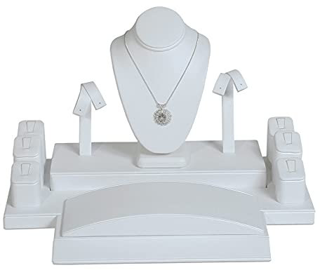 Conjunto de joyas de busto de piel sintética, collar, pendiente, pulsera y anillo mostrador (cuero sintético blanco)