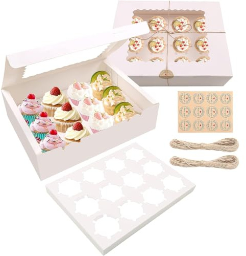 MAMUNU 10PCS 12 Cavity Cupcake Boxes with Window and Inserts, White Bakery Cookie Carrier Boxes Containers Holders with Stickers and Twine String for Muffins Cupcakes Pastries - 32.5 x 24.8 x 9cm
