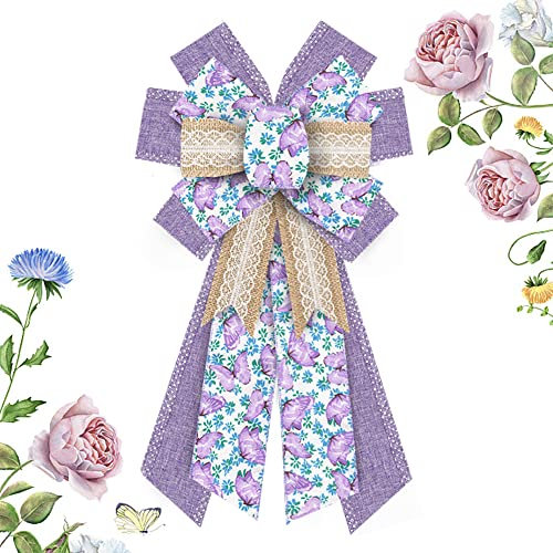 Hying Große Frühlingsblumen-Schleifen für Kranz, Frühlingskranzschleifen, violett, natürliche Juteschleifen, Schmetterling, Baumspitze, Schleife, Bauernhaus, Bastelschleifen für Haustür, Frühling,