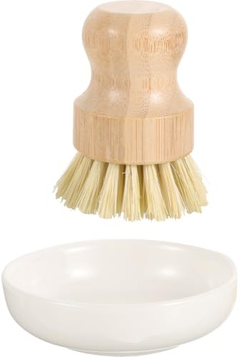 BESTonZON Bamboo Dish Pot Pan Brushes Set, Bamboo Scrub Brushes with Ceramics Holder Mini Palm Scrub Brush Pot Dish Brush Wooden Cleaning Scrubbers Scrub Brush for Dish Pots Pans Kitchen Sink Cleaning