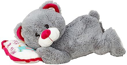 Lifestyle & More Teddybär Kuschelbär Schlafbär grau liegend auf Kissen 44 cm lang Plüschbär Kuscheltier samtig weich