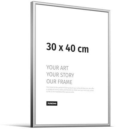 JUNOMI® Bilderrahmen 30x40 cm, Aluminium Silber matt, moderner Posterrahmen | Moderner schmaler Rahmen aus Aluminium mit bruchsicherem Acrylglas, Hoch- und Querformat, für Fotos, Poster und Kunstdrucke