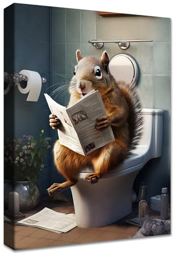 Cadre en Bois Impression sur Toile Écureuil sur les Toilettes Tableau Murale Image sur Toile Fermette Campagne Photo sur Toile Tableau Decoration Murale Salon Couloir Salle de Bains WC 30x40cm