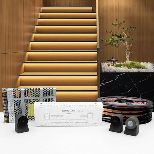 KOMIGANLED Smart Motion Sensing Treppenbeleuchtungsset KMG-3233, 100 cm langer, zuschneidbarer LED-Lichtstreifen für Innentreppen (Warmweiß 3000K, 20 Stufen)