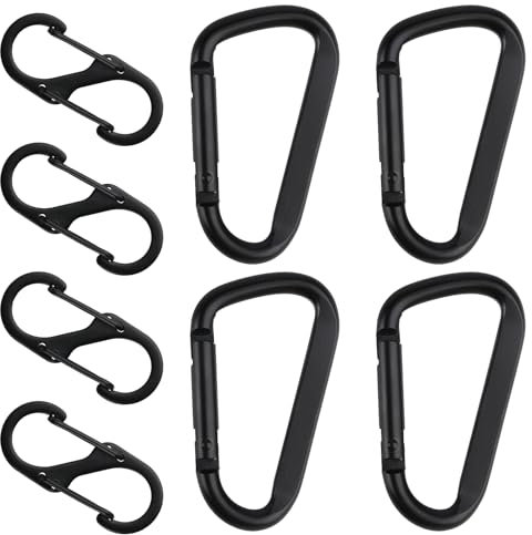 8 STK Karabinerhaken Set, Inkl 4 STK D-Clips Karabinerhaken & 4 STK S Karabiner Haken Aluminium, Metall Doppelkarabiner, Carabiner Schwarz für Camping Wandern Rucksack