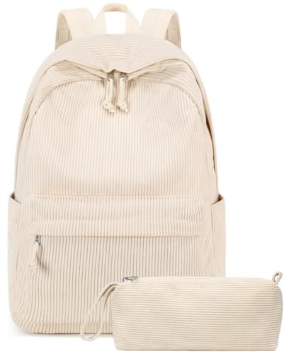 BTOOP Schulrucksack für Teenager, groß, aus Kord, Büchertasche, leicht, für Mädchen und Jungen, leger, 17 Zoll (43,2 cm), Laptop-Reisetasche, Cord-Beige, 17 inch