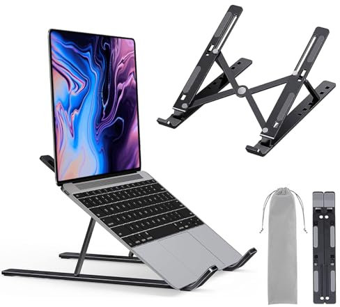 LAC FUTURE Laptop Stand for Desk - Foldable Laptop Riser with 10 Adjustable Height - Computer Stand Ventilated for Laptops 10-17 inches and Tablets (Black)
