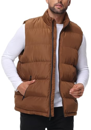 JIHUILAI Mens Brown Puffer Vest Winter Warm Quilted Vest Men Bubble Outdoor Vests with Pockets Water-Resistant Casual Sleeveless Zip Up Jacket Outerwear XL