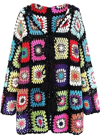 Cardigan da donna con cappuccio fatto a mano Boho maglione aperto davanti floreale trecce maglieria mano uncinetto nonna quadrato sottile cappotto vintage, nero, Taglia Unica