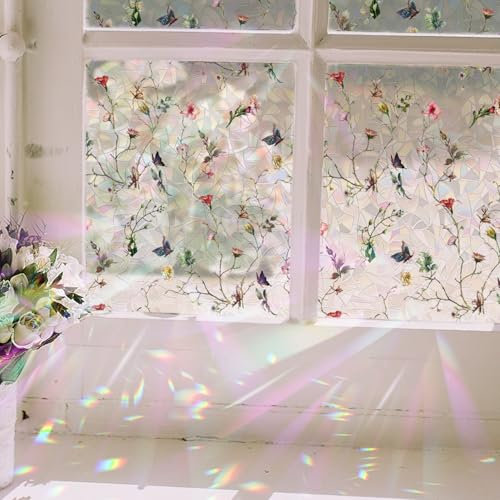 funlife Privacy Rainbow Window Film, Watercolor Static Cling Window Stickers, Non-Adhesive Double-Sided Vinyl Film, Flower and Butterfly 43x100cm