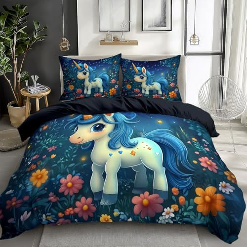 Housse de Couette Bleu Noir Élégant 140 x 200 cm, Parure de Lit Cheval Licorne Dessin Animé Mignon avec Fermeture Éclair, 2 Taies d'Oreiller 65x65cm, Linge de Lit 1 Personnes pour Adulte Enfant