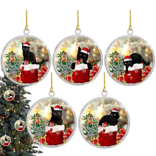 Nexusectar Runder Christbaumschmuck, Acryl-Anhänger für den Weihnachtsbaum | 5Pecies Schwarze Katzenbaumanhänger Weihnachtsanhänger | Lustige süße Weihnachtsornamente mit Weihnachtsmannmütze für Tür