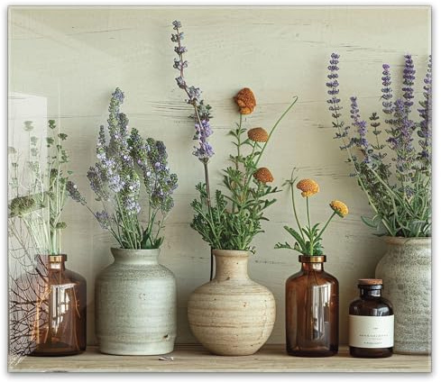 timalo Küchenbild aus Acrylglas modernes Wandbild Glasbild Deko Küche XXL Bild wie Glas | 60x52cm Trockenblumen, Vintage Vasen, Kräuter, Boho Deko, Naturstil, rustikale Einrichtung, Lavende