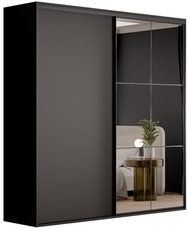 Armadio moderno nero a doppia porta scorrevole con specchi, spaziosa soluzione di archiviazione per camera da letto, design elegante, finitura resistente, arredamento contemporaneo per la casa