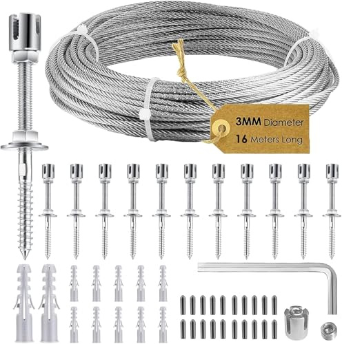 Rankhilfe aus Edelstahl für Kletterpflanzen, Profi-System als Komplettset mit Wandhaltern und 3mm Stahlseil (Silber, 12Halter, 16m Seil)