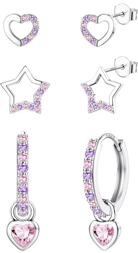 ORAZIO 3 Paires Argent Boucle Fille Oreille Cœur Étoile Argent Créole Helice Perforation