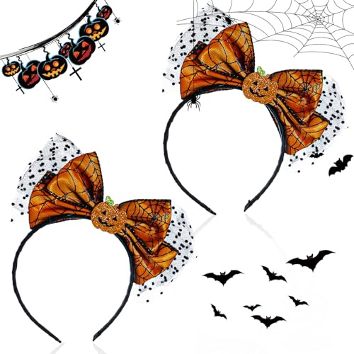 1 Stück Halloween Stirnbänder Halloween Haarreif Damen Glänzender Kürbis Haarreif Schwarzes Spinnennetz Spitze Haar Accessoire für Halloween Kostüm Karneval Cosplay Maskerade Party Kopfschmuck