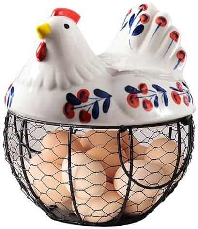 Gcroet Ceramic Egg Holder, Hollow-Out Wire Chicken Egg Holder with Chicken Shaped Lid, Non Slip Basket Countertop with Handle for Gathering Fresh Eggs..
