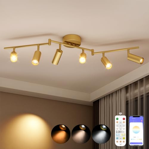 6 Light Heads Gold Track Lighting Kit, 36W CCT 2700K-6000K & Brightness Dimming, Modern LED Ceiling Light Fixture with Flexible Rotatable Heads, APP/Remote/Alexa Control, Gold Kitchen Light Fixture