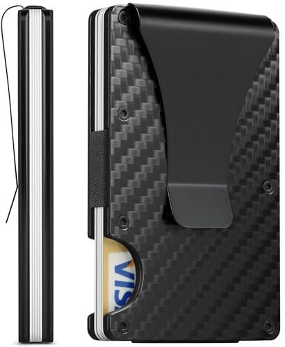 FIRDIKT Carbon Fiber Minimalist Wallet for Men, Slim Metal RFID Blocking Wallet Credit Card Holder Money Clip & Cash Strap, Scratch-Resistant Holds 15 Cards,Ideal Gift for Men | Matt Carbon Fiber