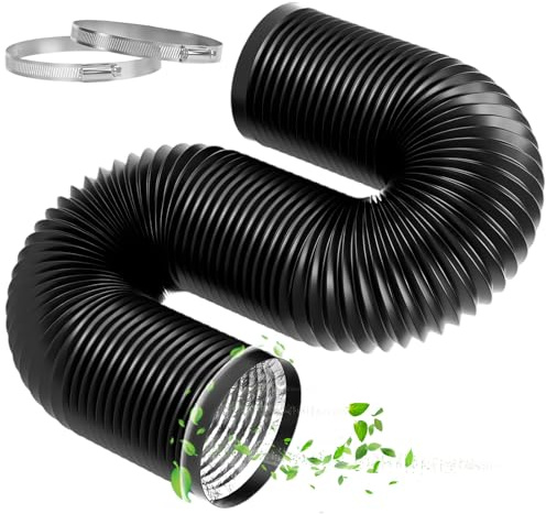 100mm Manguera Ventilación PVC con 2 Abrazaderas Acero Inoxidable, Tubo Salida Flexible Aluminio 5m, Tubo Secadora para Climatización, Extractor Aire, Aire Acondicionado (Negro)