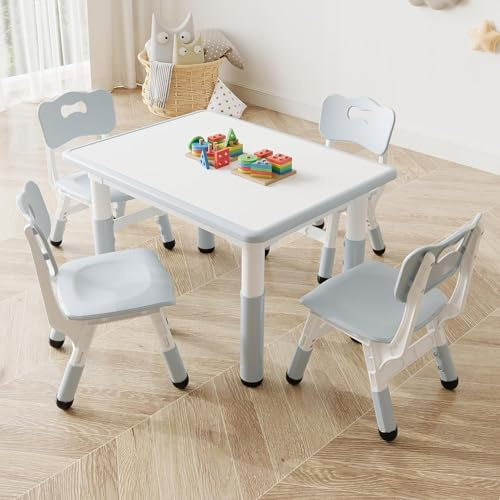 Garvee Ensemble Table Et Chaises pour Enfants, Hauteur Réglable, Table d’Activité avec 4 Chaises, Petit Bureau Enfant pour 2+ Ans