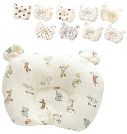 champracer Baby Kopfformungskissen mit Bärenohren 22x28cm, ergonomisches Schlafkissen für Neugeborene, geeignet für Kinderwagen, Wiege und Autositz (Giraffe und Elefant)