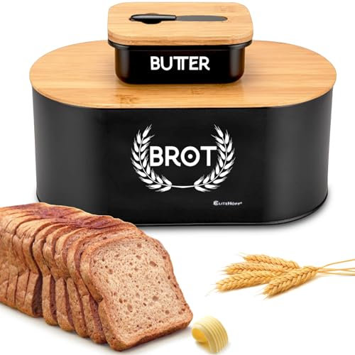 EliteHoff Brotkasten Bambus Metall | Brotbox mit Bambusdeckel, Butterdose Schwarz Matt mit Holzdeckel und Buttermesser (35x19,5x16cm)