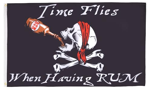 AZ FLAG Drapeau Pirate Le temps passe avec le rhum 150x90 cm 2 Œillets | Usage intérieur et extérieur Drapeau décoratif corsaire coutures doubles et bords renforcés avec œillets métalliques