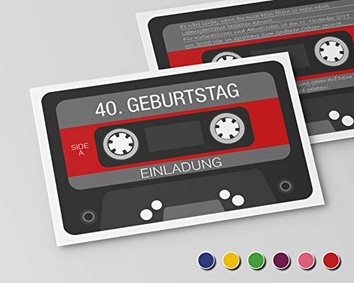 Einladungskarten zum Geburtstag (50 Stück) Einladung zum runden Geburtstag alle Jahre (Rot) Retro Kassette