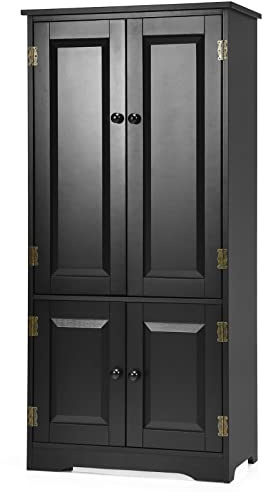 COSTWAY Wood Storage Cabinet, Adjustable Shelves 4-Door Organizer Unit Chest, Large Kitchen Cupboard Tall Floor Sideboard for Living Room Hallway Corner Bedroom (59 x 32 x 123cm, Black)
