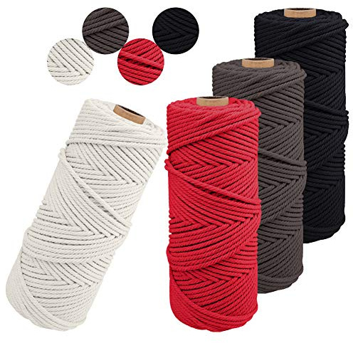JeogYong 4pcs Hilo Macrame 2mm x 100m Macrame Cuerda Cordel Algodon Natural Cordones para Colgante de Pared, DIY Artesanía, Colgador de Plantas, Aros para Atrapasueños, Tapices, Colgar Foto (E)