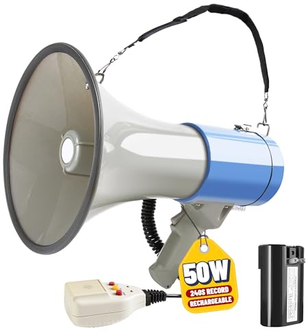 MyMealivos Altoparlante megafono da 50 Watt con sirena, registrazione 240S, microfono rimovibile e cinturino (batteria grigia)