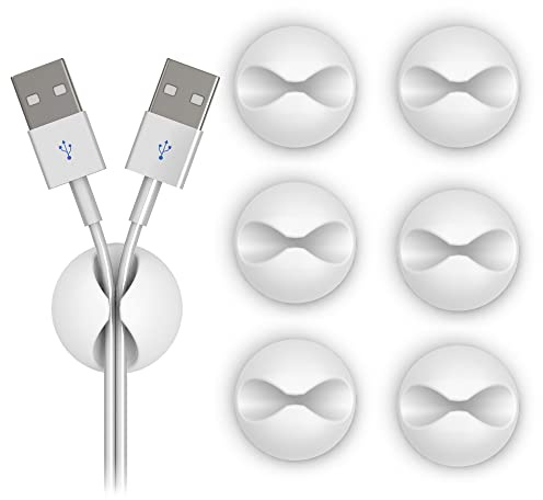 6UD | Sujetacables organizador de cables de escritorio | Clip sujeta cables de silicona con adhesivo para oficina (Grande, Blanco puro)